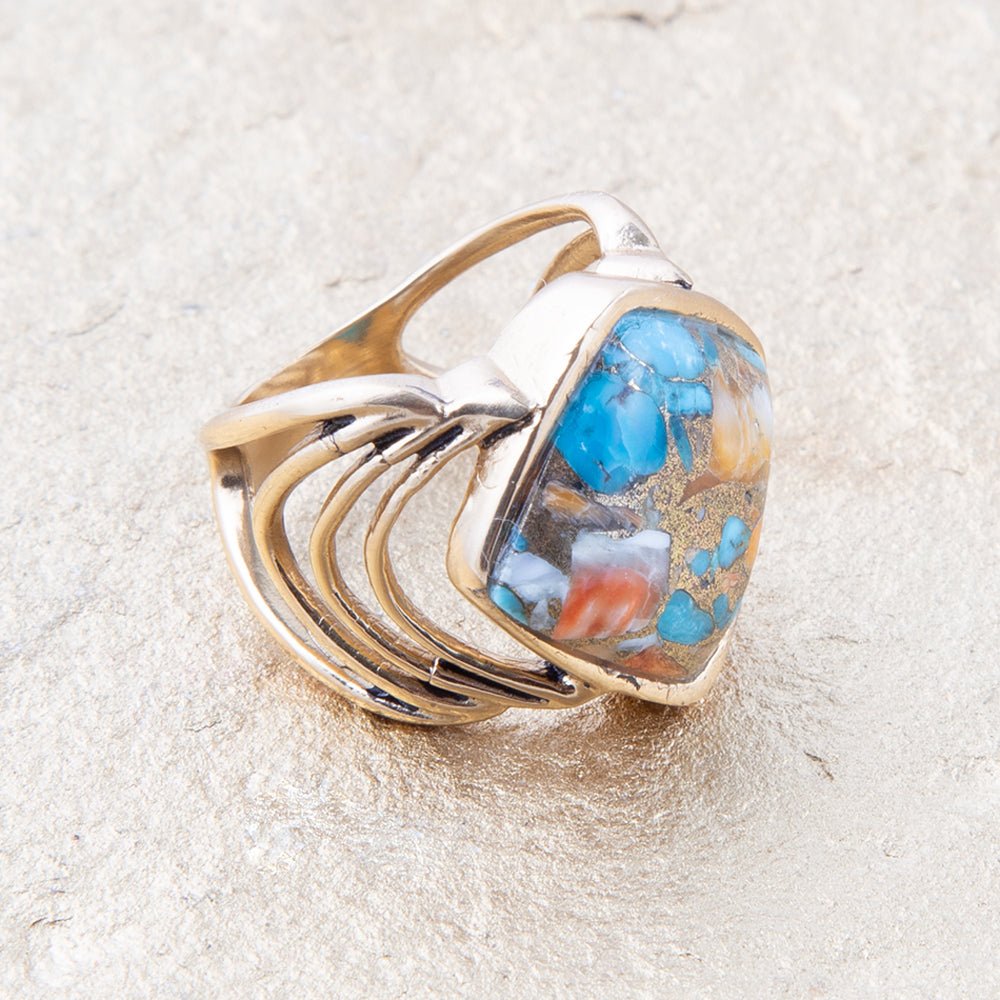 Arrows Blue Turquoise and Orange Spiny Oyster Matrix Golden Ring detail view by Barse Jewelry