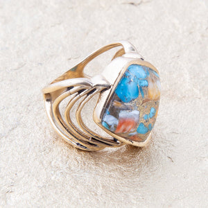 Arrows Blue Turquoise and Orange Spiny Oyster Matrix Golden Ring detail view by Barse Jewelry