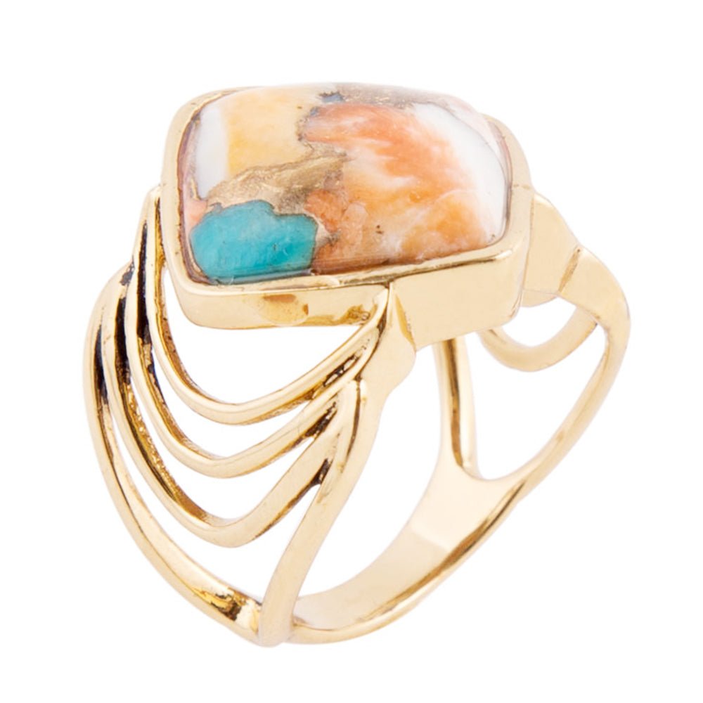 Arrows Blue Turquoise and Orange Spiny Oyster Matrix Golden Ring by Barse Jewelry