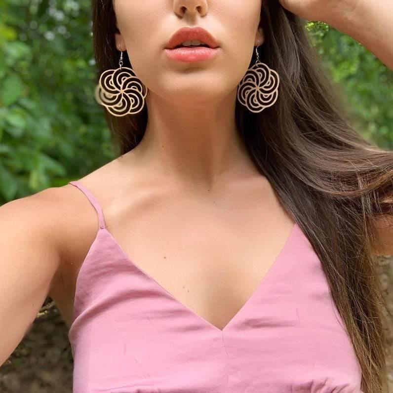 Hurricane Swirl Wooden Dangle Earrings | Art Deco Jewelry detail view by Cate's Concepts, LLC