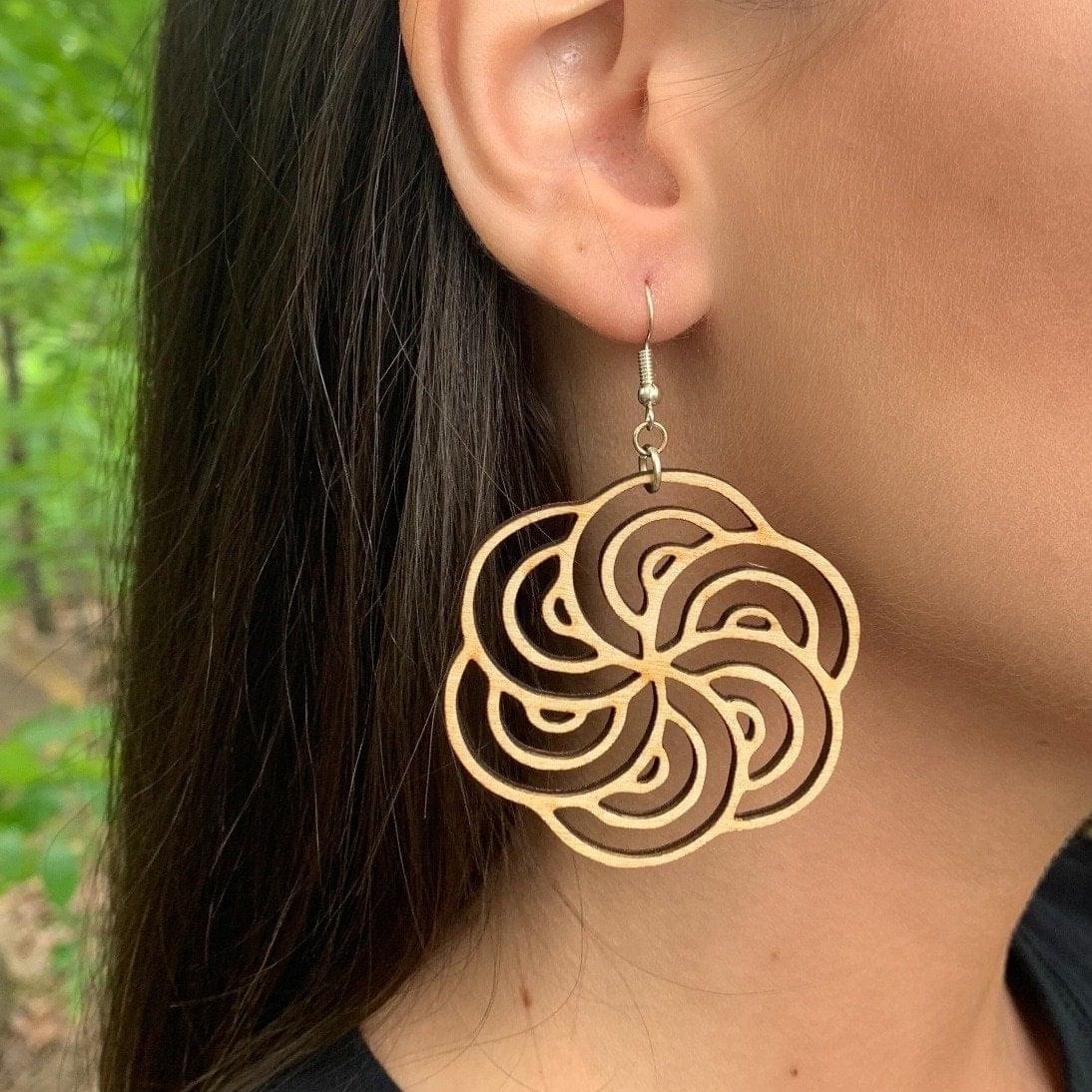 Hurricane Swirl Wooden Dangle Earrings | Art Deco Jewelry