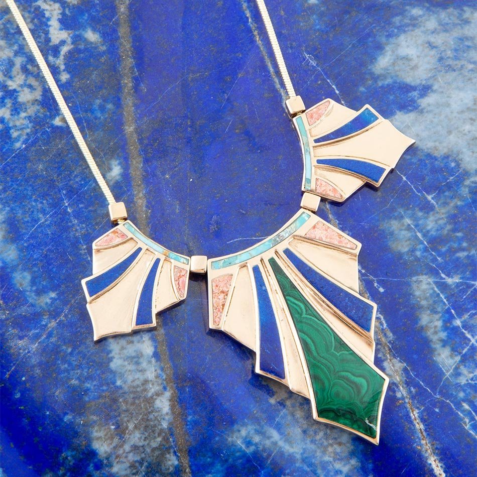 Art Deco Colorful Inlaid Golden Statement Necklace detail view by Barse Jewelry