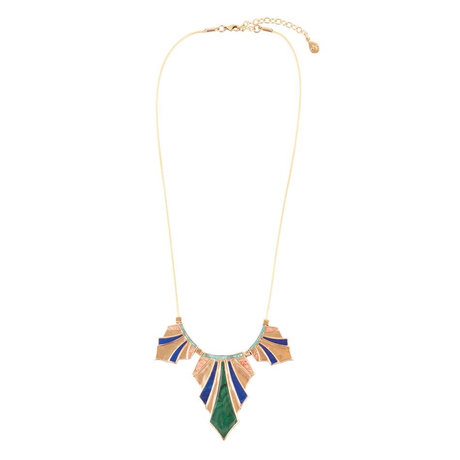 Art Deco Colorful Inlaid Golden Statement Necklace detail view by Barse Jewelry