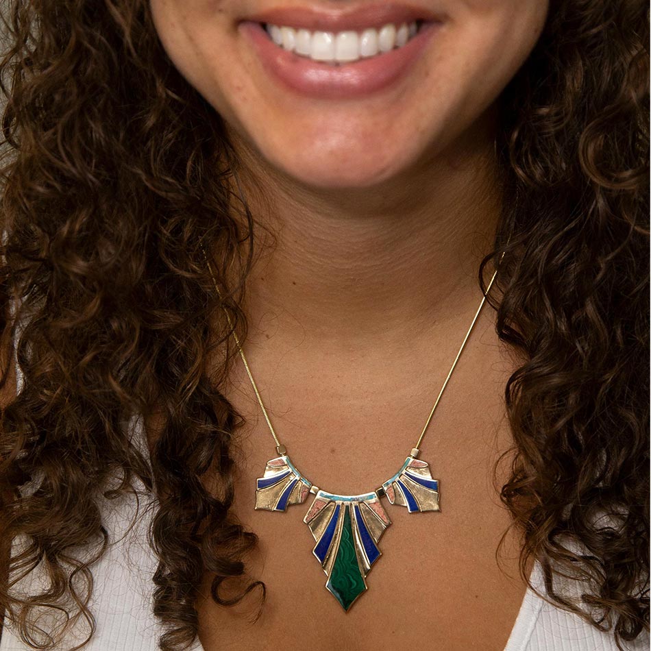 Art Deco Colorful Inlaid Golden Statement Necklace detail view by Barse Jewelry
