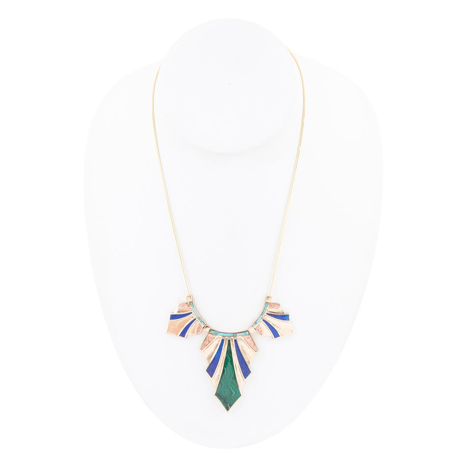 Art Deco Colorful Inlaid Golden Statement Necklace detail view by Barse Jewelry