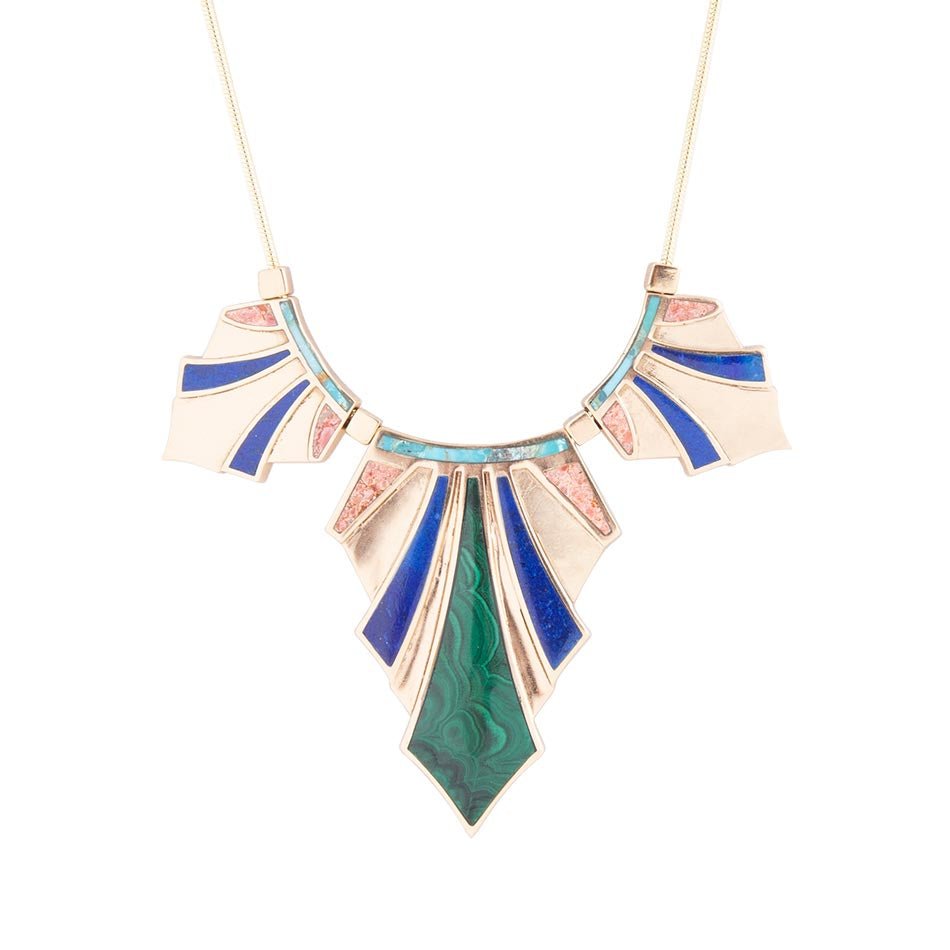 Art Deco Colorful Inlaid Golden Statement Necklace by Barse Jewelry