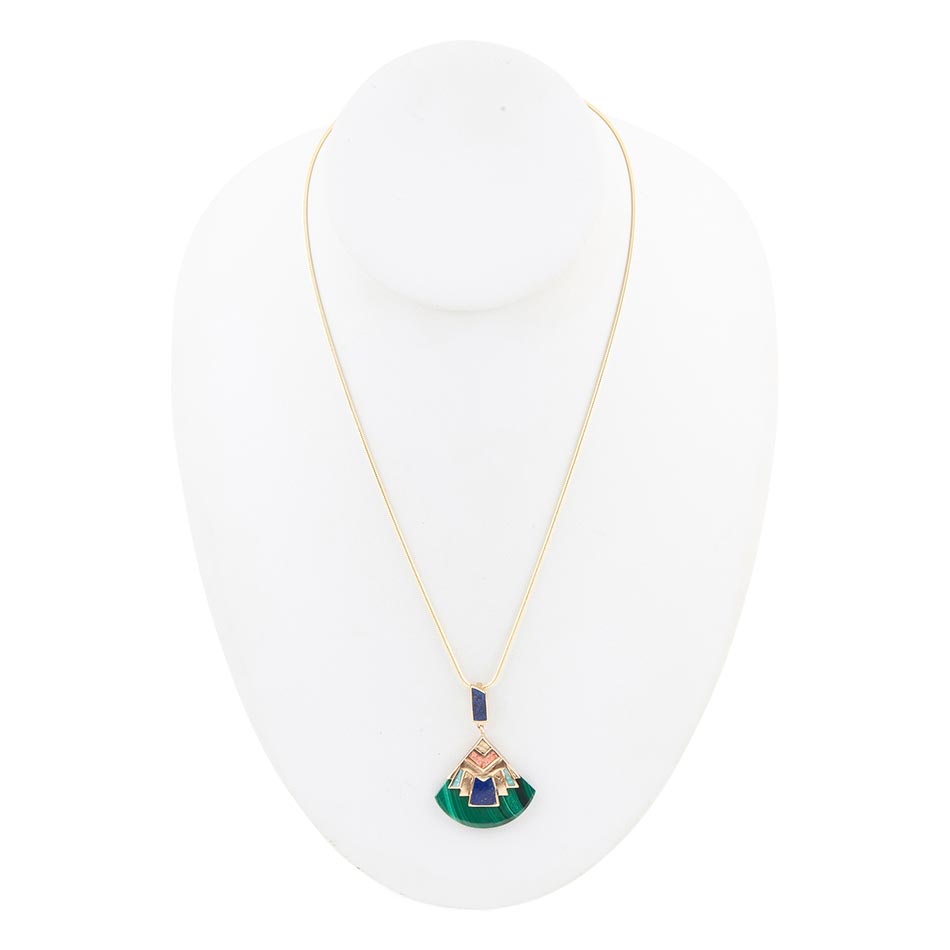 Art Deco Colorful Inlay Golden Pendant Necklace detail view by Barse Jewelry