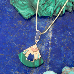 Art Deco Colorful Inlay Golden Pendant Necklace detail view by Barse Jewelry