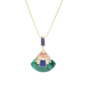 Art Deco Colorful Inlay Golden Pendant Necklace by Barse Jewelry