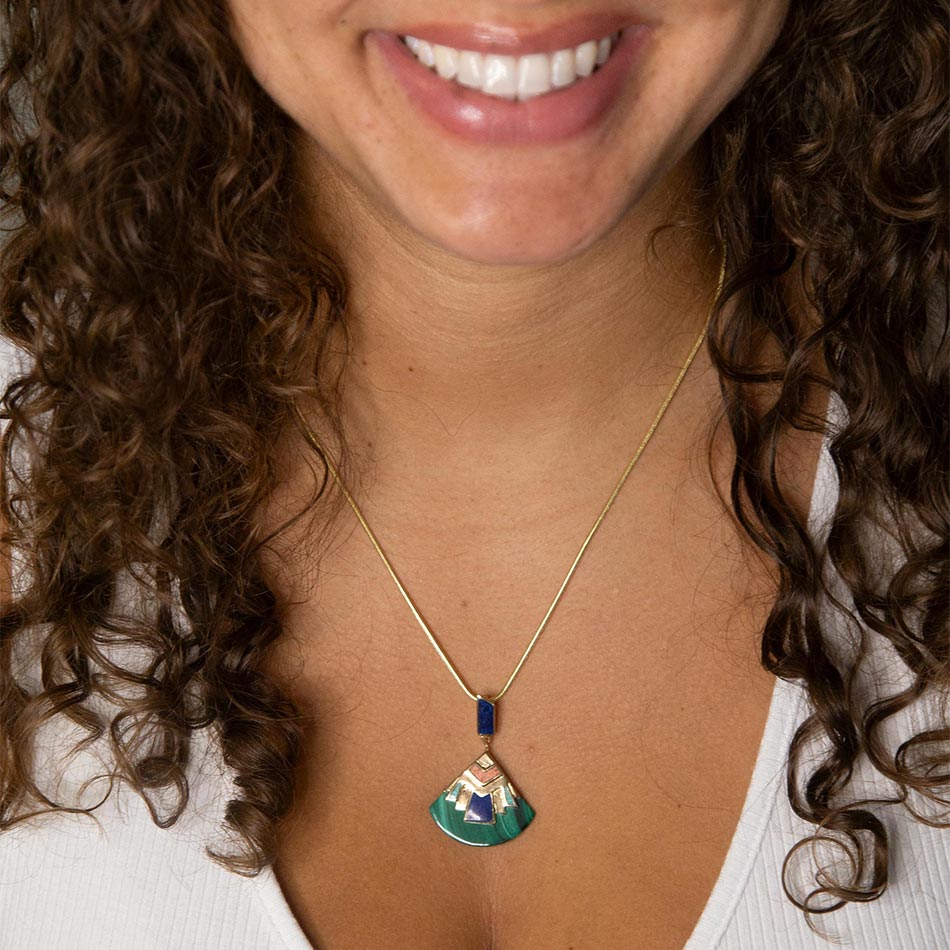 Art Deco Colorful Inlay Golden Pendant Necklace detail view by Barse Jewelry