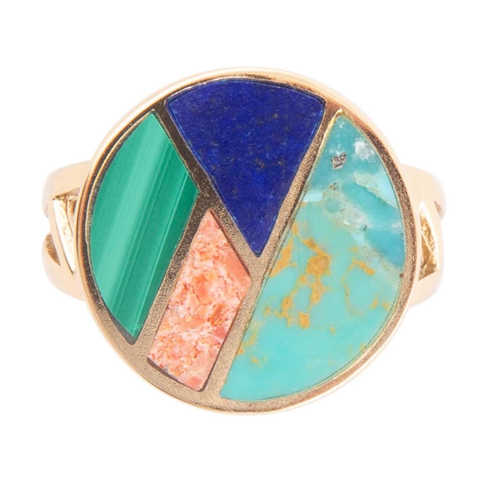 Art Deco Colorful Inlay Golden Ring detail view by Barse Jewelry