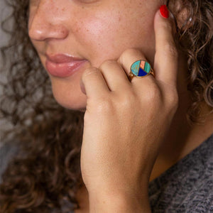 Art Deco Colorful Inlay Golden Ring detail view by Barse Jewelry