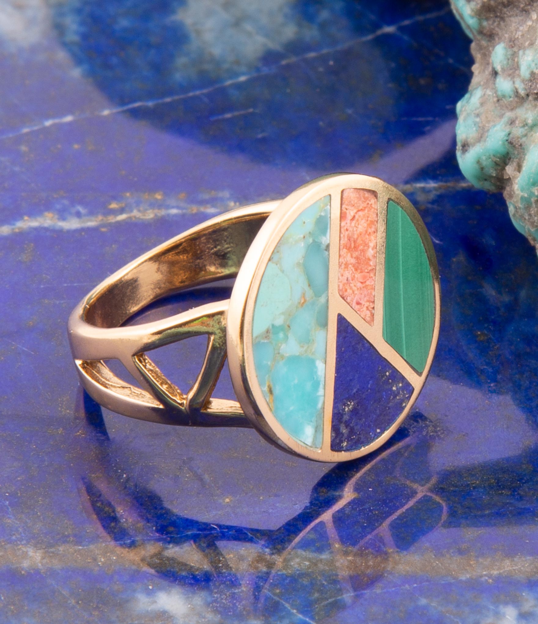 Art Deco Colorful Inlay Golden Ring detail view by Barse Jewelry