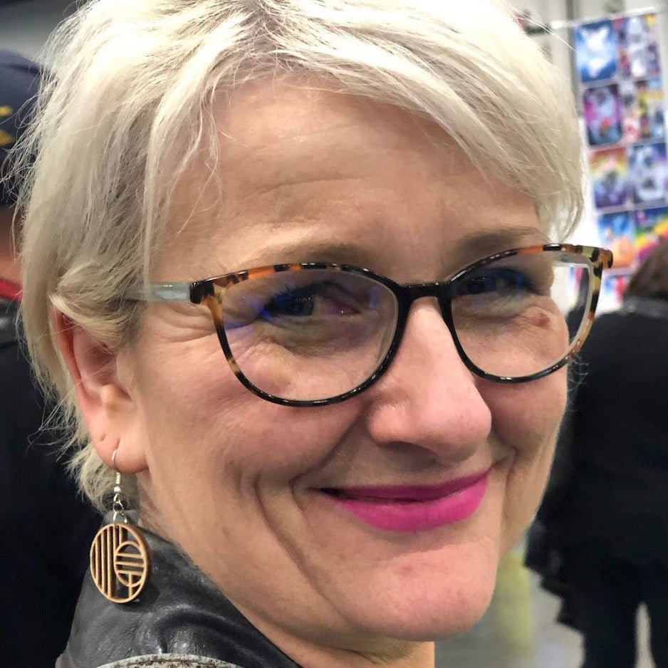 Art Deco Geometric Circle Wooden Dangle Earrings | Modern Jewelry detail view by Cate's Concepts, LLC