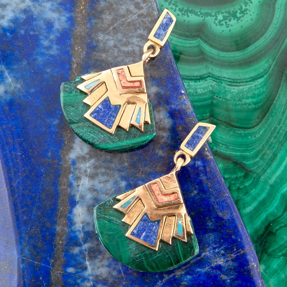 Art Deco Multi Colored Golden Earrings detail view by Barse Jewelry