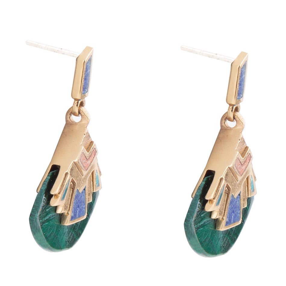 Art Deco Multi Colored Golden Earrings detail view by Barse Jewelry