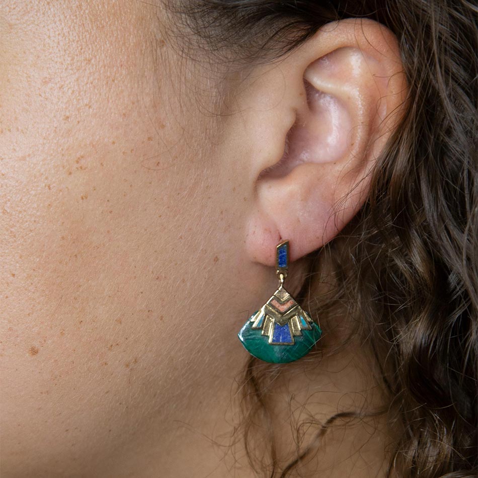 Art Deco Multi Colored Golden Earrings detail view by Barse Jewelry
