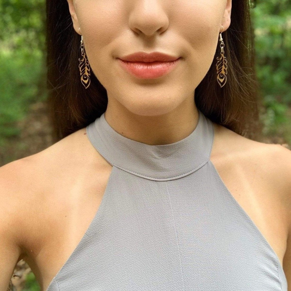 Art Nouveau Feather Wooden Dangle Earrings | Elegant Jewelry detail view by Cate's Concepts, LLC