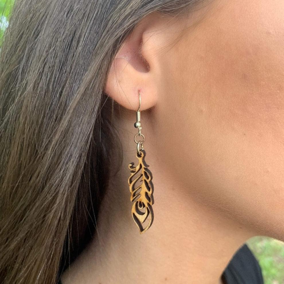 Art Nouveau Feather Wooden Dangle Earrings | Elegant Jewelry detail view by Cate's Concepts, LLC