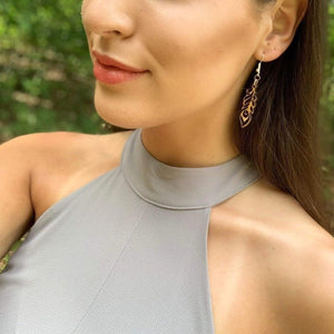 Art Nouveau Feather Wooden Dangle Earrings | Elegant Jewelry detail view by Cate's Concepts, LLC