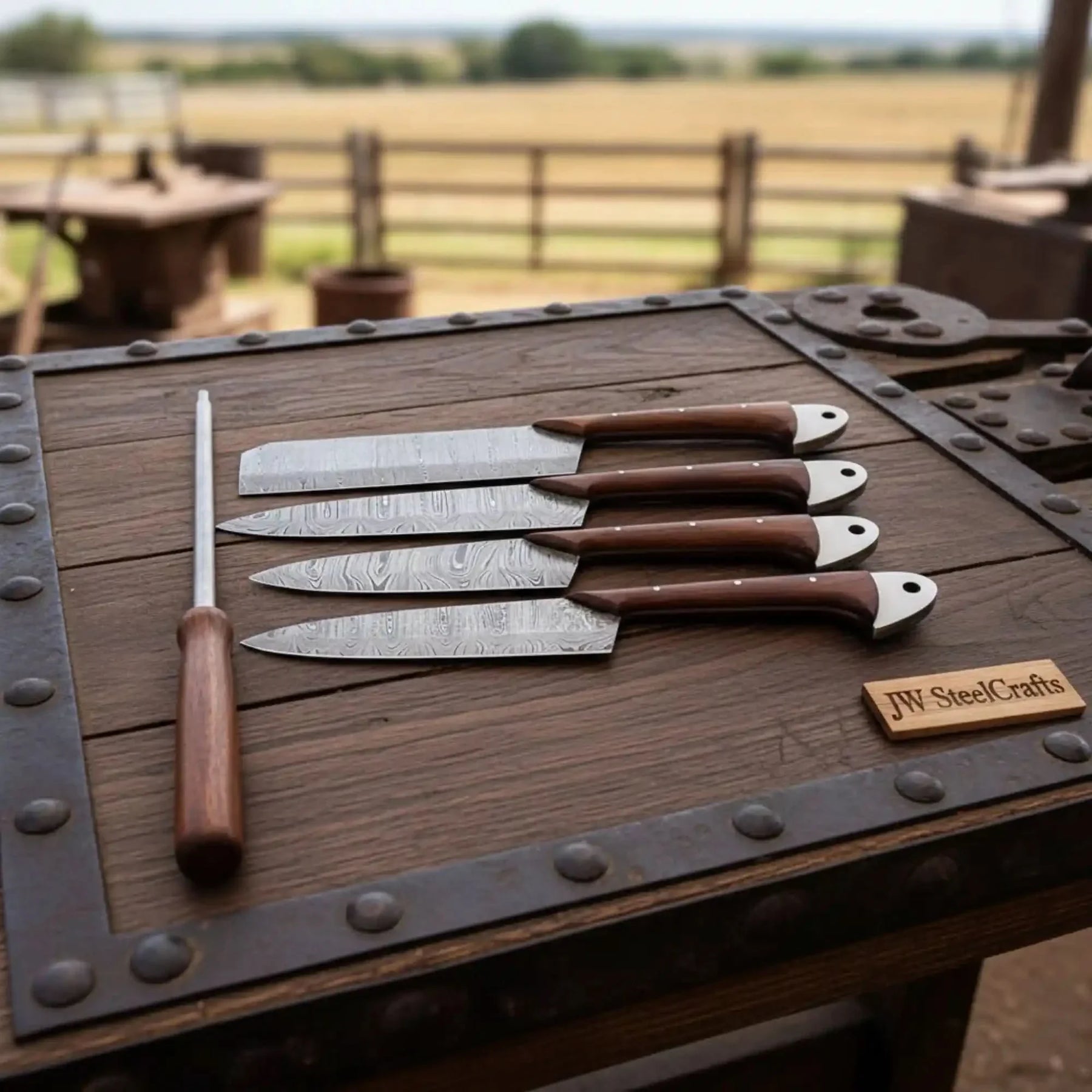 4-Piece Handmade Damascus Kitchen Knife Set – Rosewood Handles, Steel Bolsters & Brass Pins | Chef, Santoku, Cleaver & Utility | Leather Roll & Honing by JW SteelCrafts, Damascus