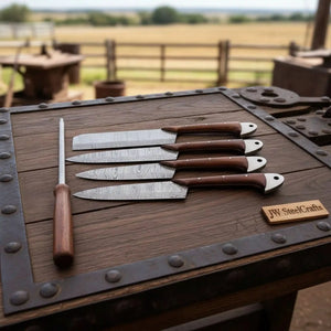 4-Piece Handmade Damascus Kitchen Knife Set – Rosewood Handles, Steel Bolsters & Brass Pins | Chef, Santoku, Cleaver & Utility | Leather Roll & Honing by JW SteelCrafts, Damascus