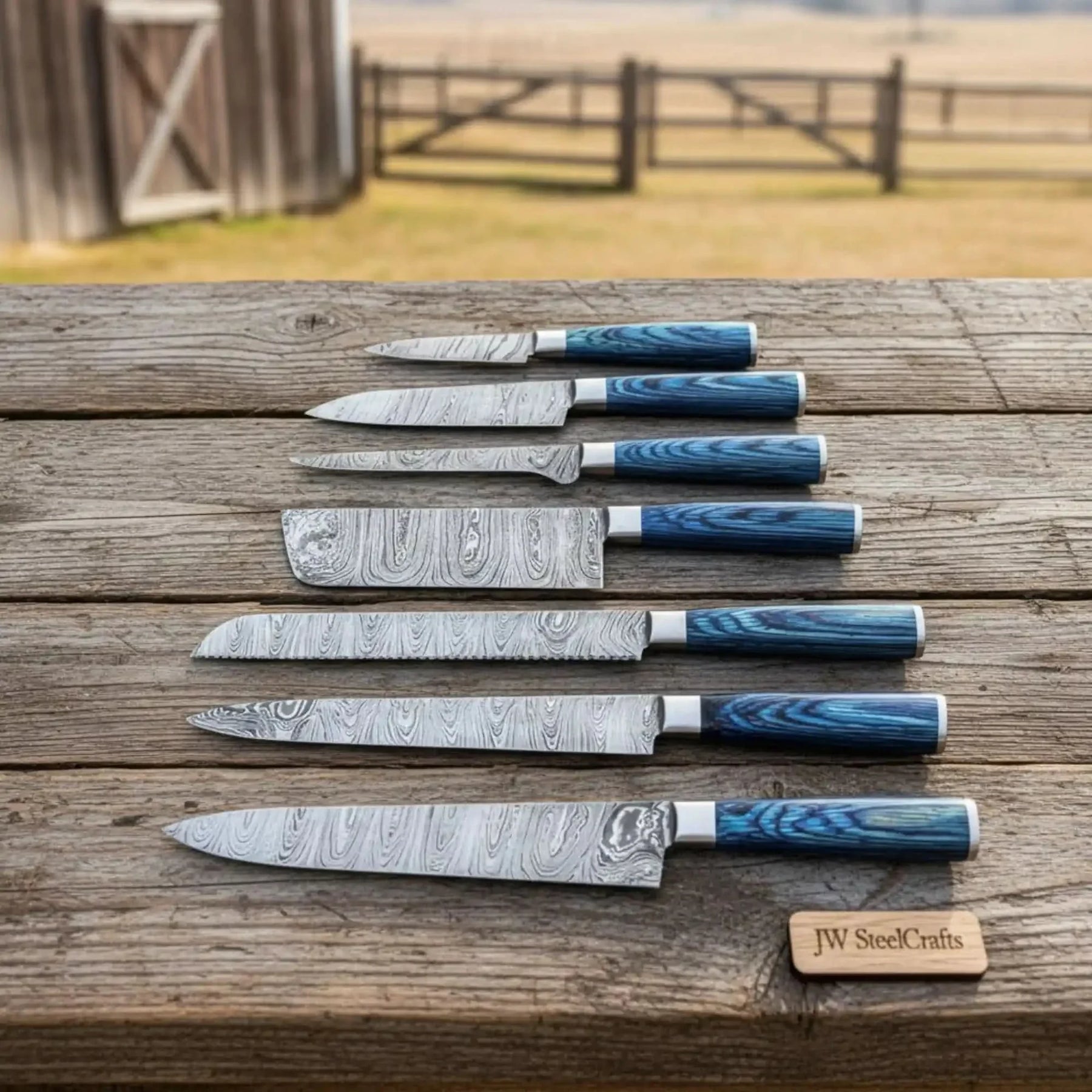 Artisan Damascus Specialty Chef Set — Sujihiki Carver, Nakiri Cleaver & Bunka/Petty Trio Collection by JW SteelCrafts, Southern handmade gift main product photo