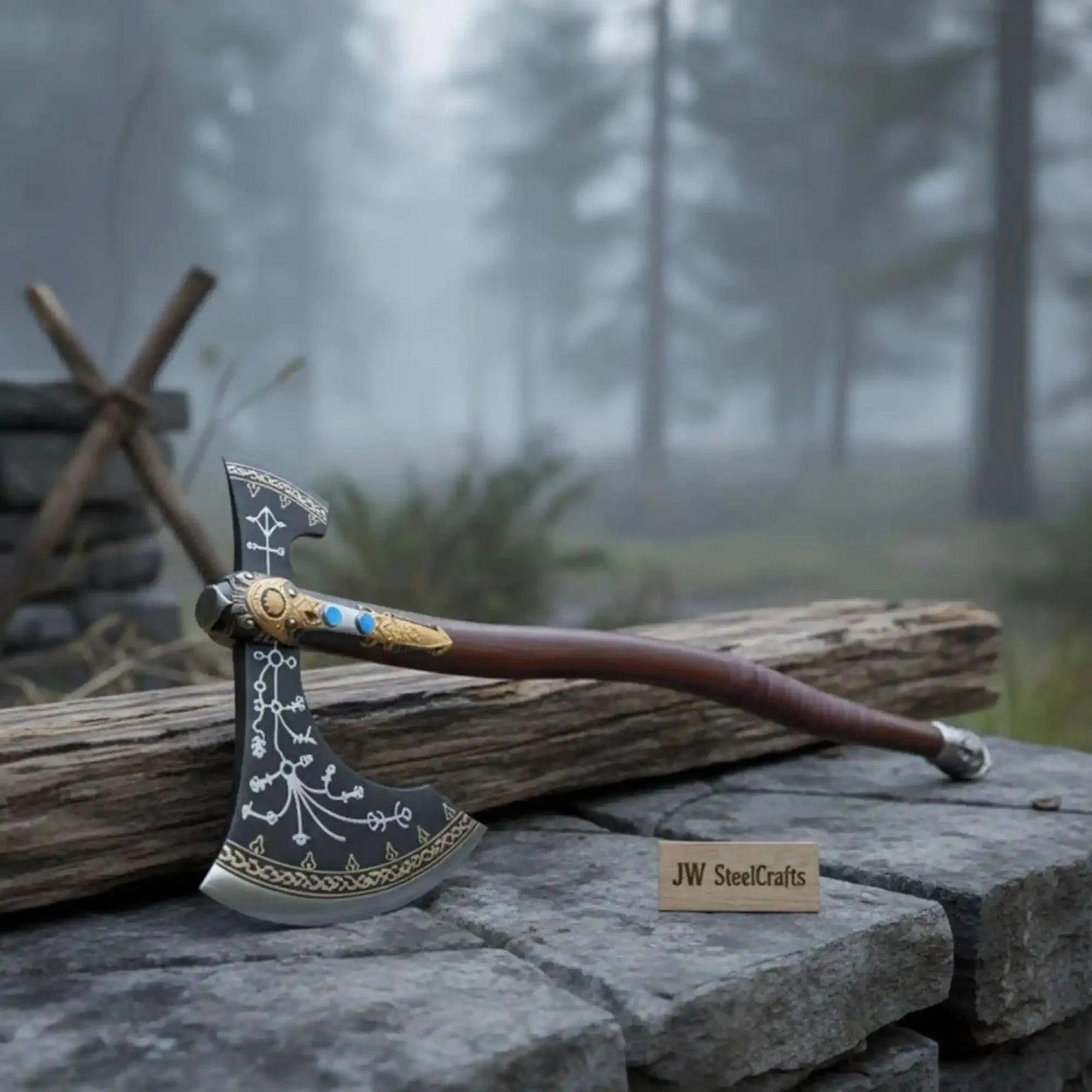 Hand Forged Viking Fantasy Double-Bit Axe with Norse Engraving, Gold Handle Fittings and Blue Gemstone Inlays by JW SteelCrafts, handmade jewelry detail photo 8