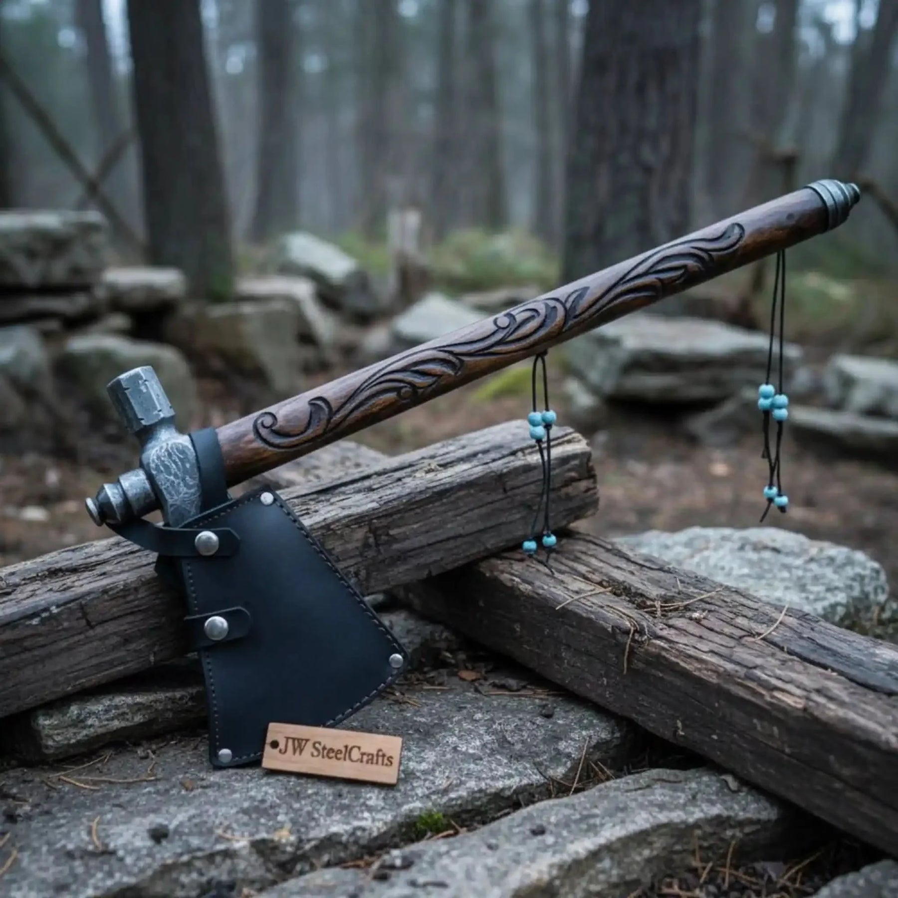 Custom Hand Forged Damascus Steel Smoking Axe – Functional Pipe Axe with Carved Hardwood Shaft by JW SteelCrafts, Southern lifestyle apparel detail photo 3
