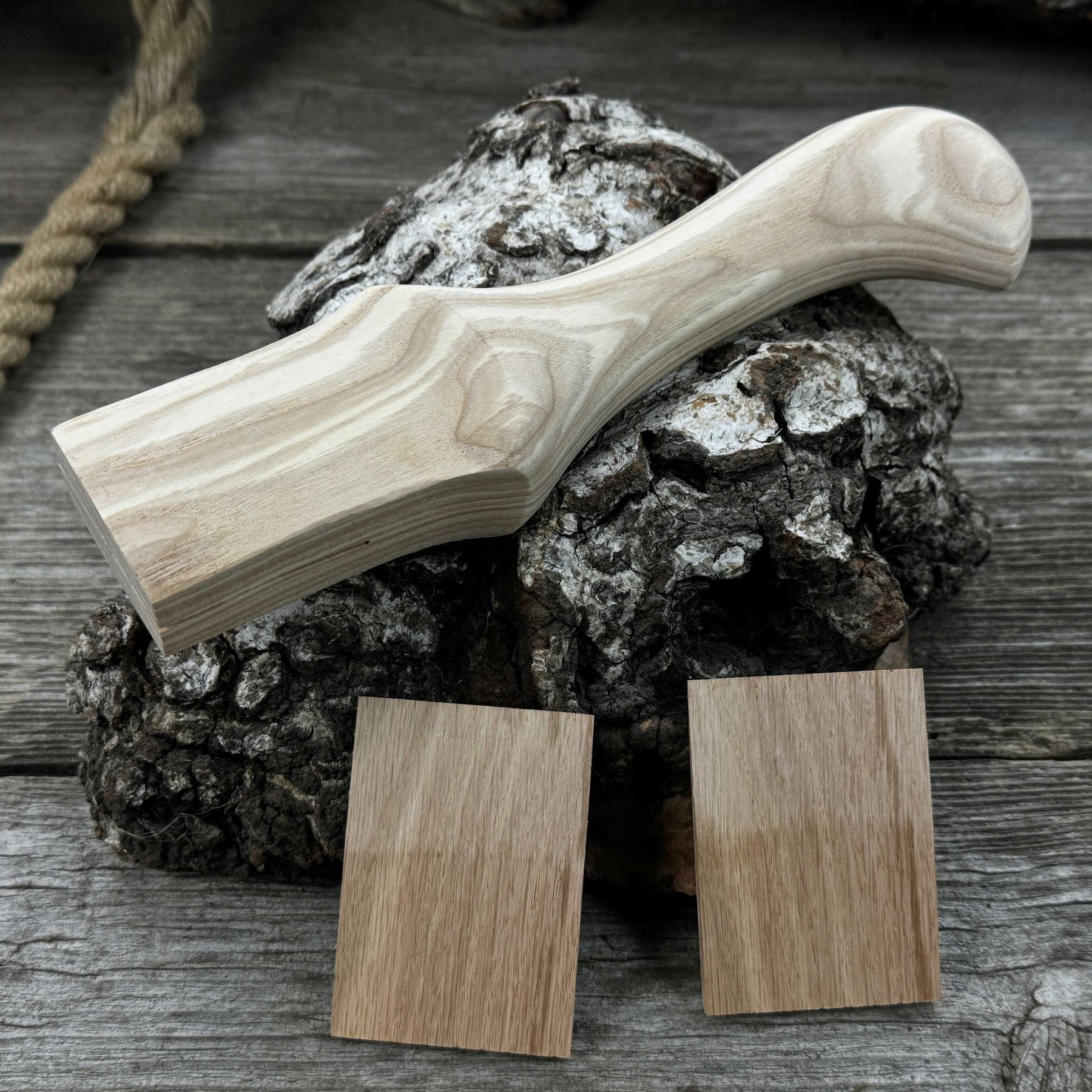 Ash Wood Handle for Adze or Axe, 23 cm (9.06 inches) with Red Oak Wedges detail view by Sharky Forged Steel Tools