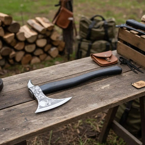 Hand-finished Bearded Axe – Detailed Etched Steel Head with Minimalist Black Handle by JW SteelCrafts, Southern lifestyle apparel detail photo 2
