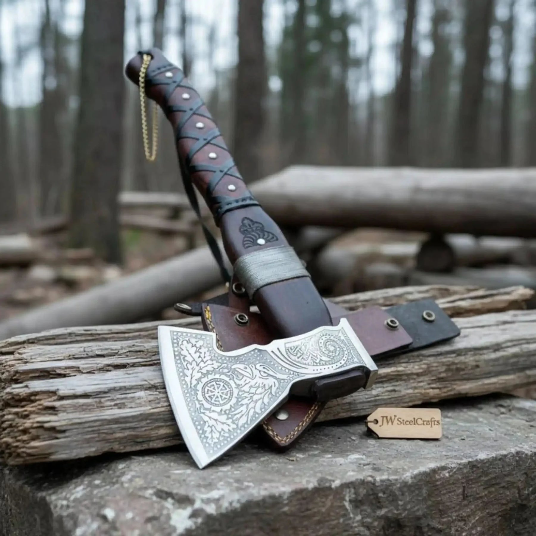 Viking Bearded Axe with Norse Engraved Blade and Leather Sheath detail view by JW SteelCrafts