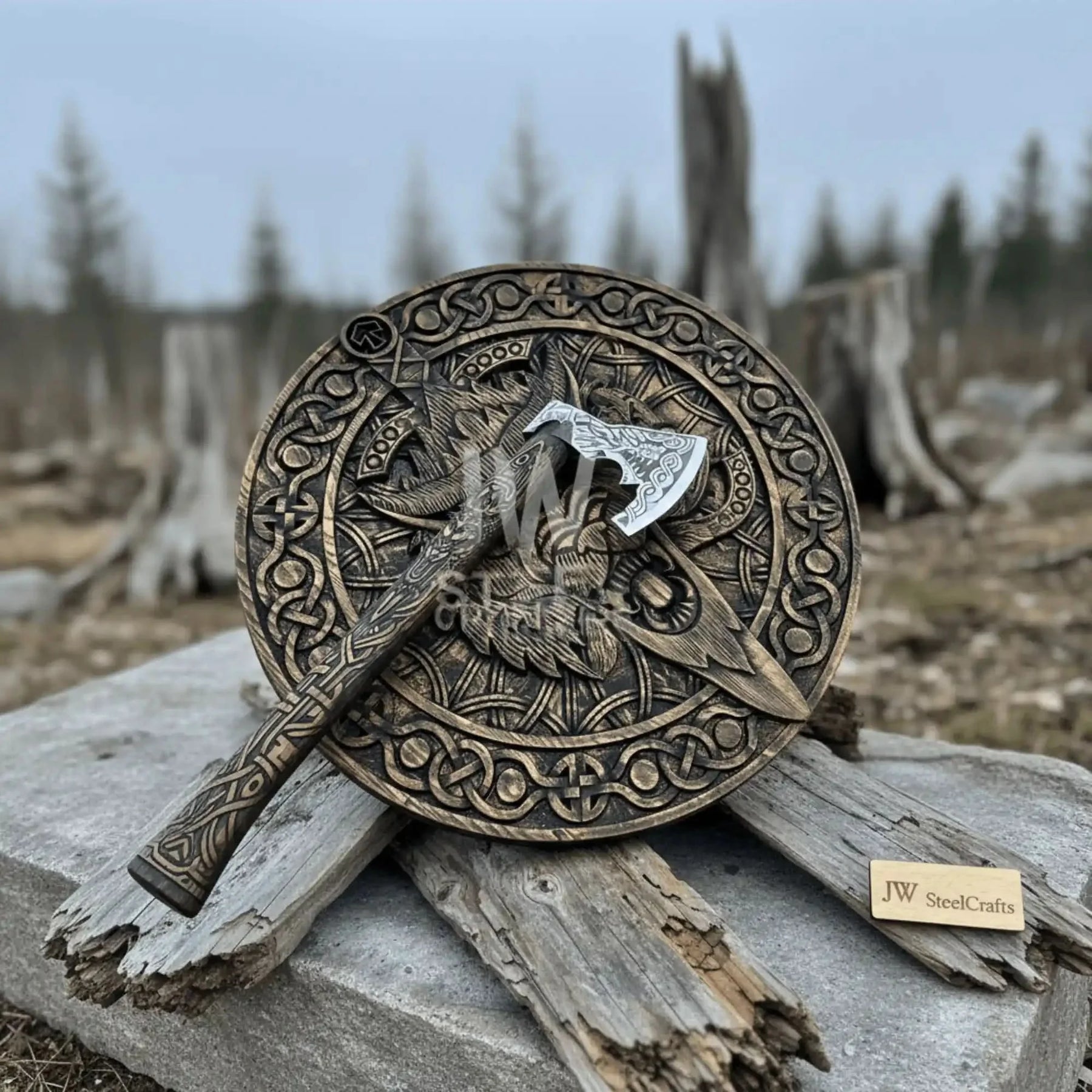 Handcrafted Viking Shield and Engraved Axe Set with Raven Motif and Norse Knotwork by JW SteelCrafts, handmade axe main product photo