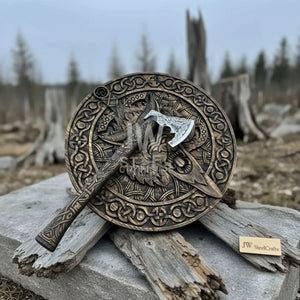 Handcrafted Viking Shield and Engraved Axe Set with Raven Motif and Norse Knotwork by JW SteelCrafts, handmade axe main product photo