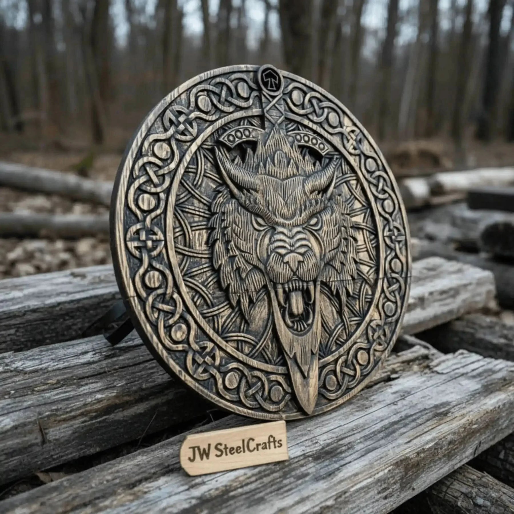 Handcrafted Viking Shield and Engraved Axe Set with Raven Motif and Norse Knotwork detail view by JW SteelCrafts