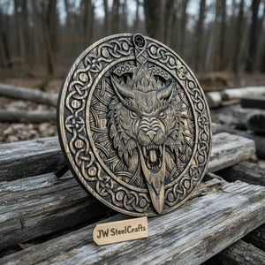Handcrafted Viking Shield and Engraved Axe Set with Raven Motif and Norse Knotwork detail view by JW SteelCrafts