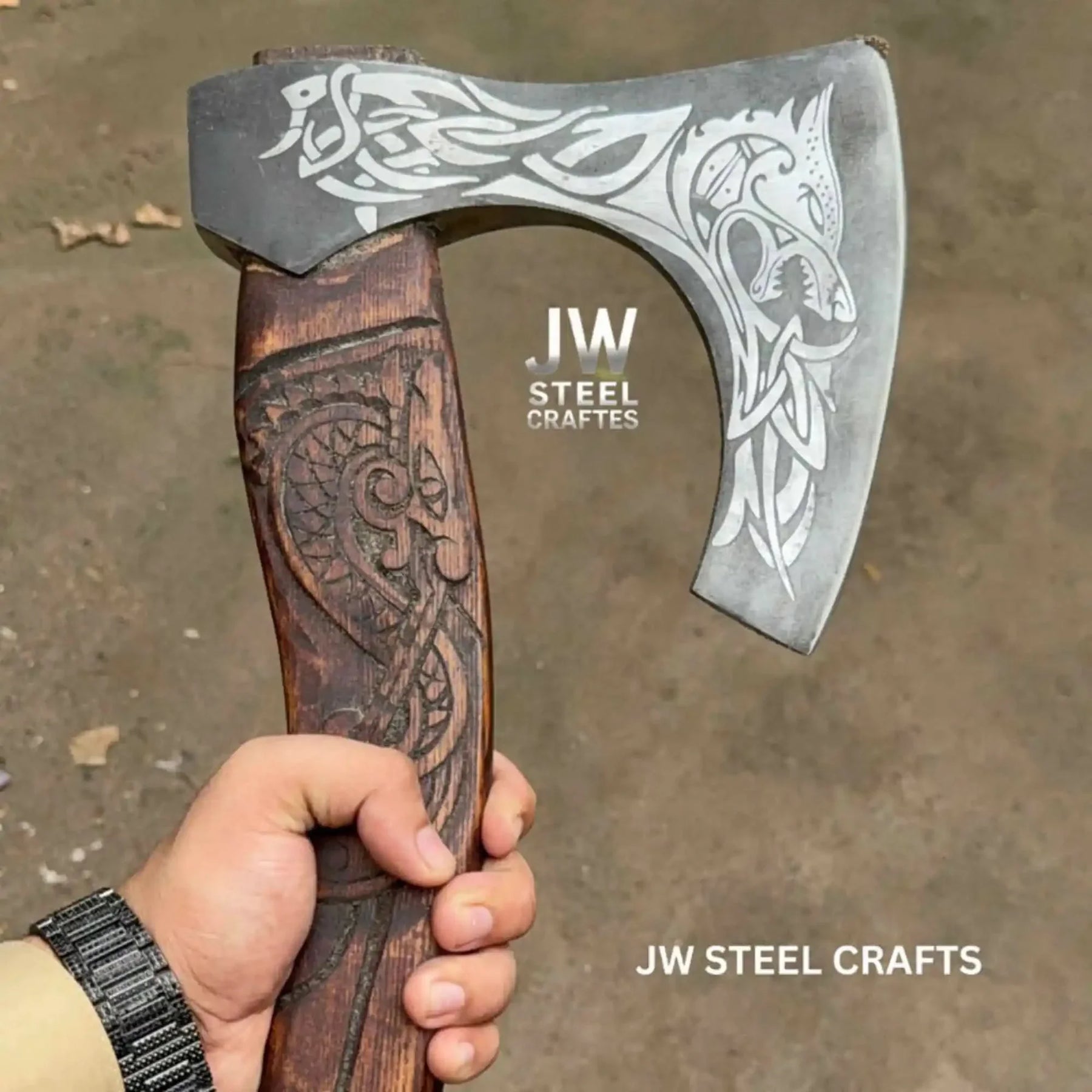 Hand-Engraved Viking Bearded Axe with Carved Hardwood Handle – Damascus Steel Blade | JW SteelCrafts by JW SteelCrafts, Southern lifestyle apparel detail photo 5
