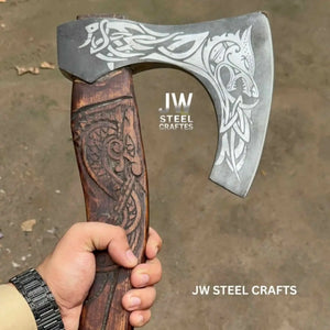 Hand-Engraved Viking Bearded Axe with Carved Hardwood Handle – Damascus Steel Blade | JW SteelCrafts by JW SteelCrafts, Southern lifestyle apparel detail photo 5