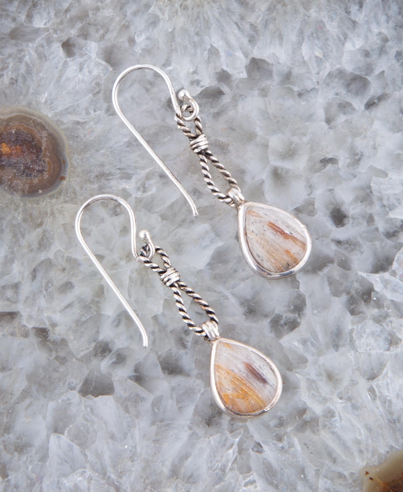 Astro Grey Wood Opal and Sterling Silver Drop Earrings detail view by Barse Jewelry