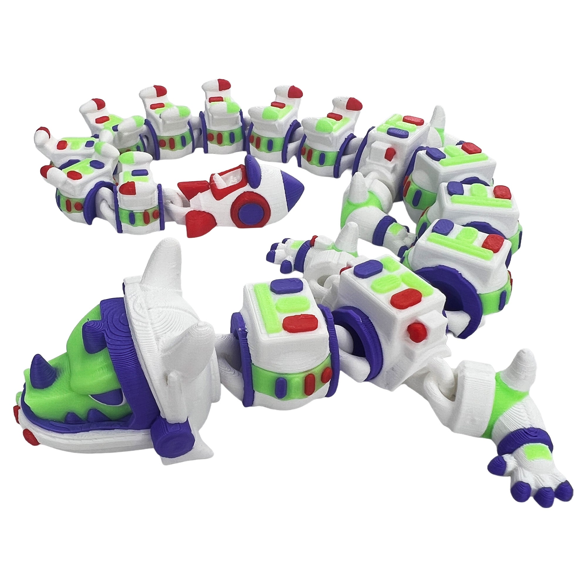 Astronaut Dragon articulated 3D printed dragon with white, green, purple, and red space suit details