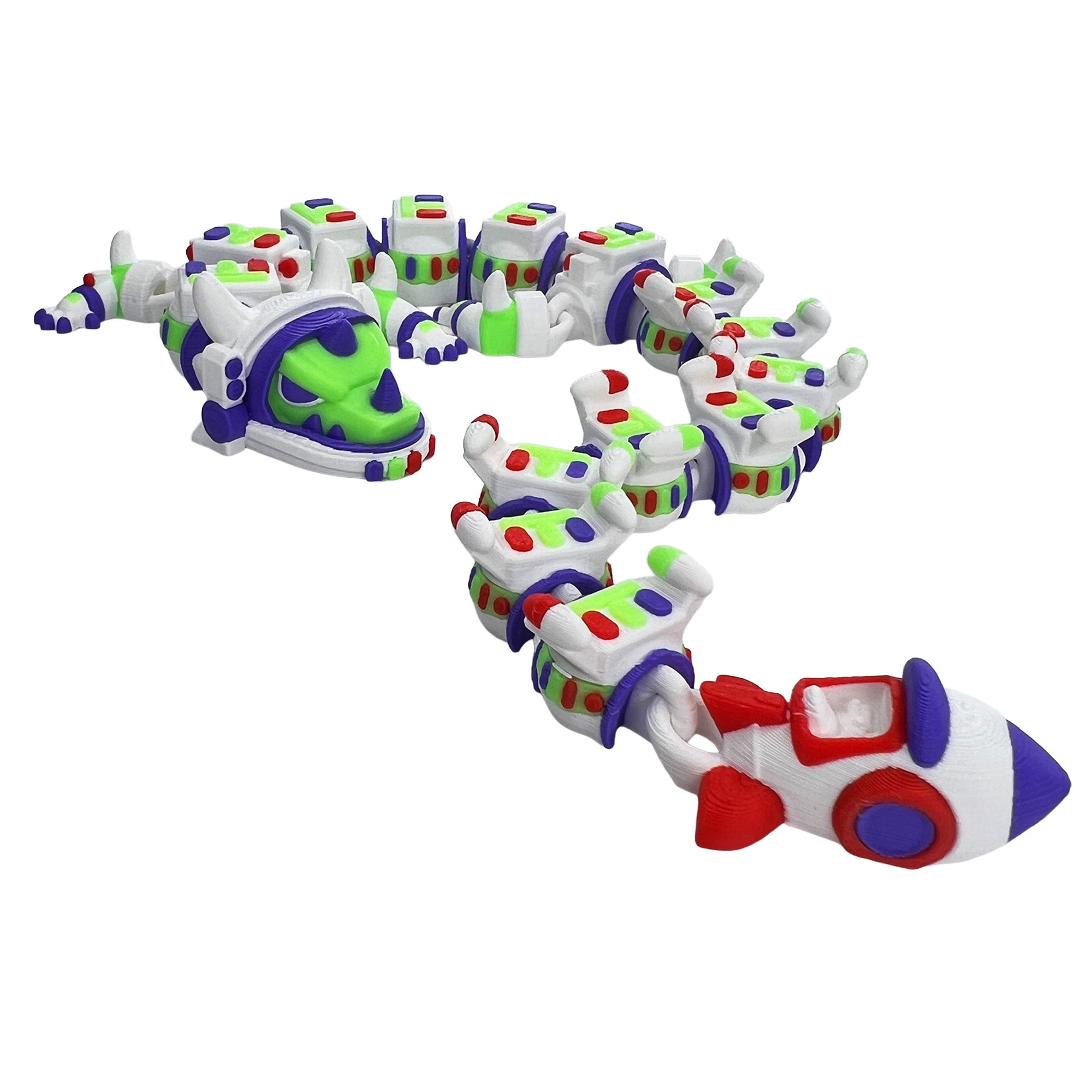 Astronaut Dragon articulated 3D printed dragon curled with rocket-shaped tail