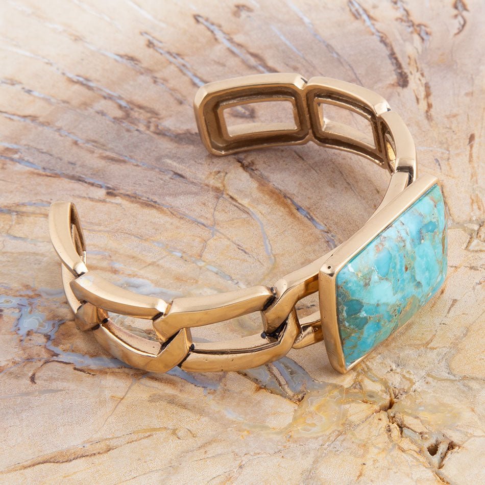 Athena Blue Turquoise Golden Cuff Bracelet detail view by Barse Jewelry