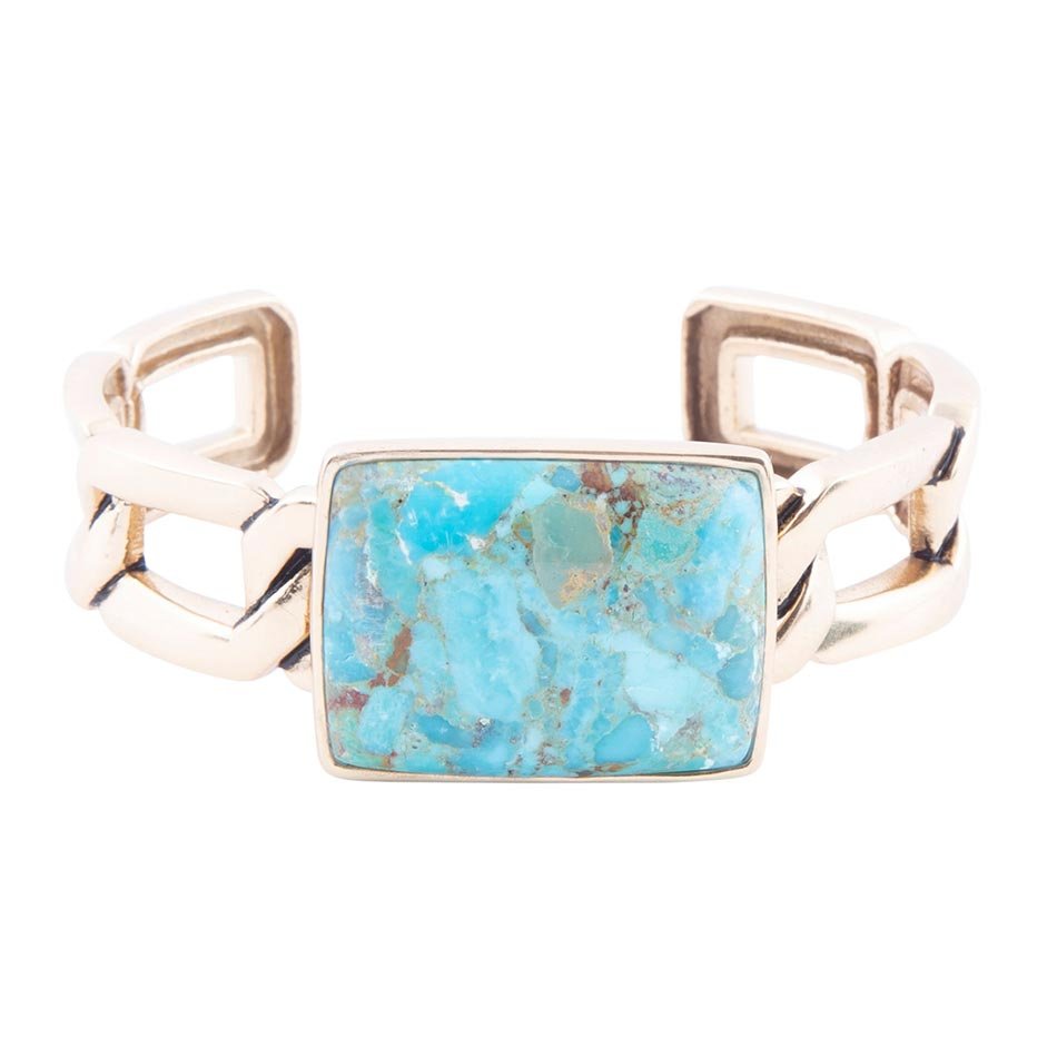 Athena Blue Turquoise Golden Cuff Bracelet detail view by Barse Jewelry