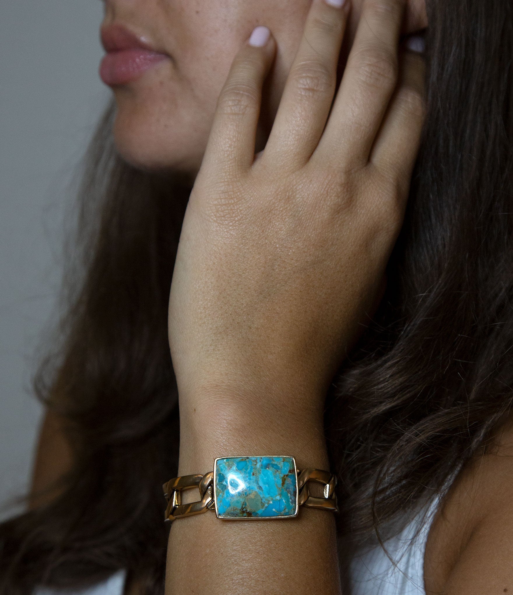 Athena Blue Turquoise Golden Cuff Bracelet detail view by Barse Jewelry