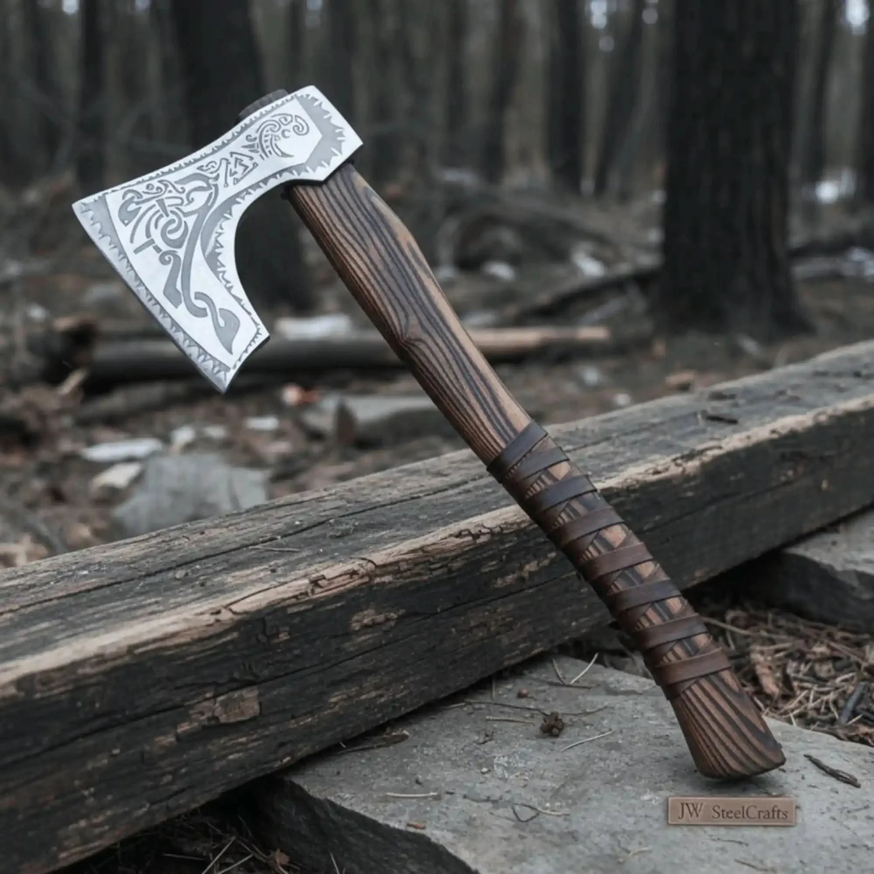 Hand Forged Carbon Steel Viking Axe with Carved Ash Wood Handle and Leather Grip by JW SteelCrafts, Southern lifestyle apparel main product photo