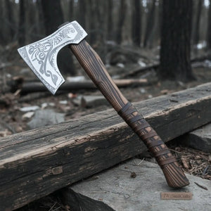 Hand Forged Carbon Steel Viking Axe with Carved Ash Wood Handle and Leather Grip by JW SteelCrafts, Southern lifestyle apparel main product photo