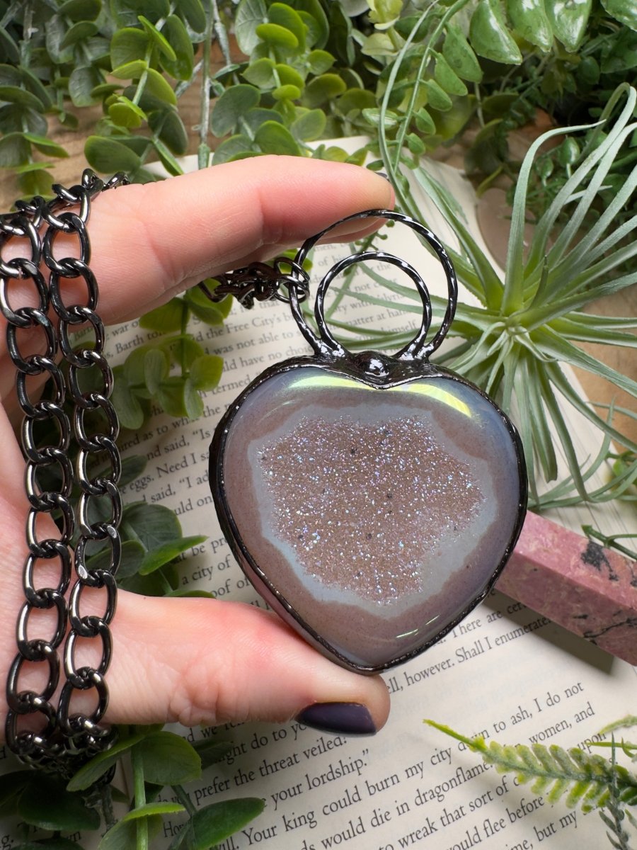 Aura Druzy Agate Statement Heart Necklace detail view by Copper Ashes