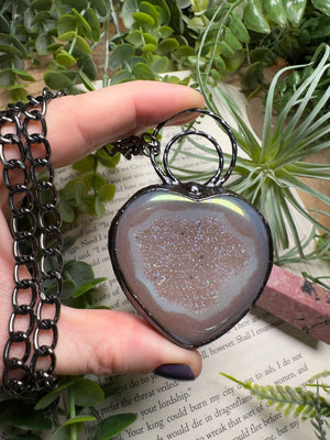 Aura Druzy Agate Statement Heart Necklace detail view by Copper Ashes