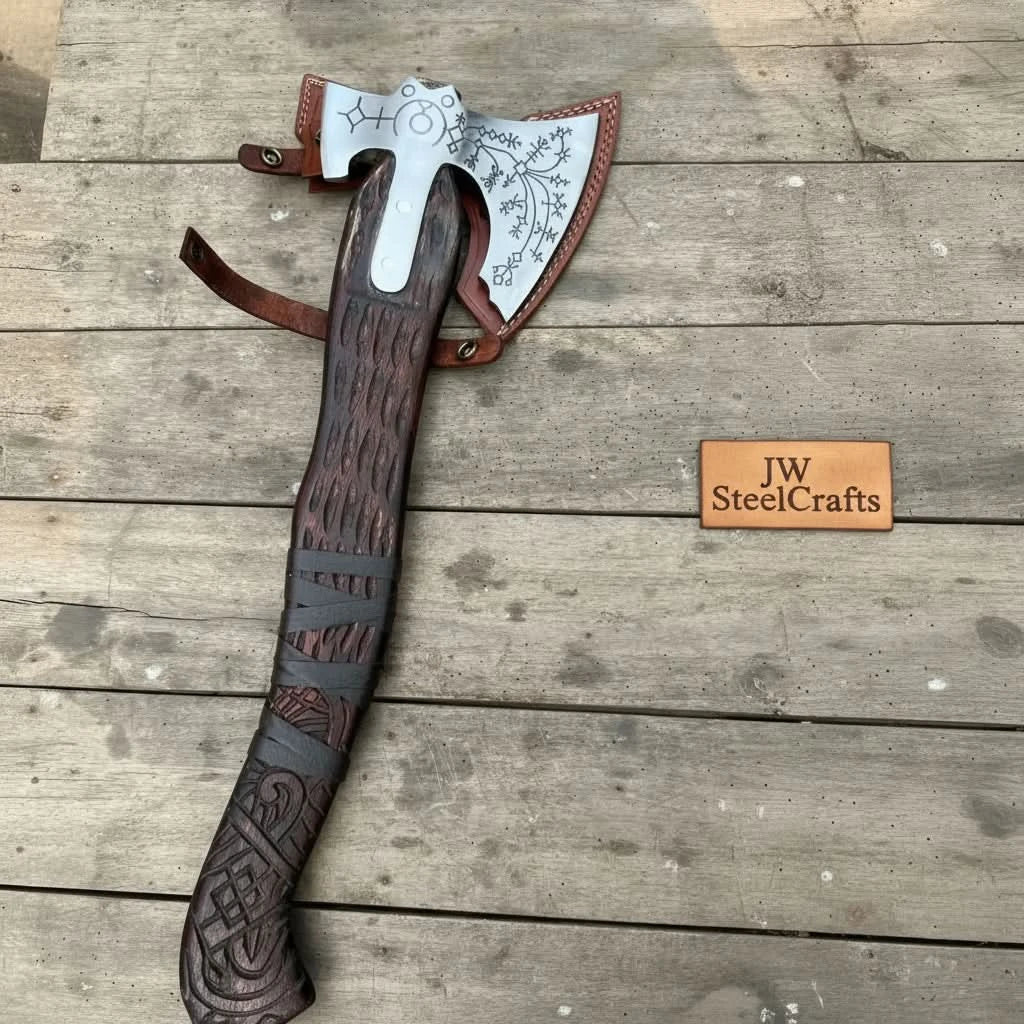 Handmade Viking Double-Bit Carbon Steel Axe with Norse Rune Etching and Engraved Hardwood Handle by JW SteelCrafts, Southern lifestyle apparel detail photo 13