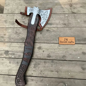 Handmade Viking Double-Bit Carbon Steel Axe with Norse Rune Etching and Engraved Hardwood Handle by JW SteelCrafts, Southern lifestyle apparel detail photo 13